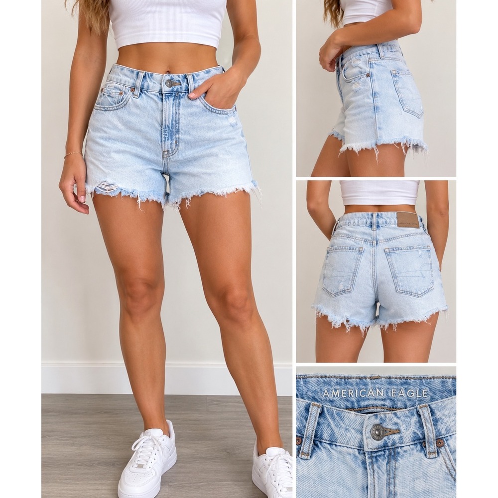 American Eagle Curvy Relaxed Denim Shorts Size 6 Light Wash Distressed